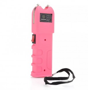 This powerful stun gun is 6.5 inches long, features grab guard stun strips, a bright LED flashlight, rubberized armor coating, safety switch, and is rechargeable.